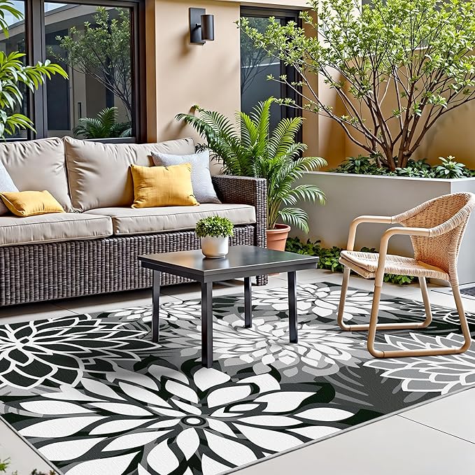 3x5 Washable Rug for Living Room Tropical Botanical Modern Floral Chenille Area Rugs Low Pile Non Slip Carpet for Patio, Bedroom, Laundry, Black