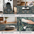 Traditional Washable Entryway Rugs, 3x4 Blue and Green Floral Kitchen Mat for Floor, Bedside, Rug for Laundry Room Floor Non Slip, Moody Stain Resistant Low Plie Carpet