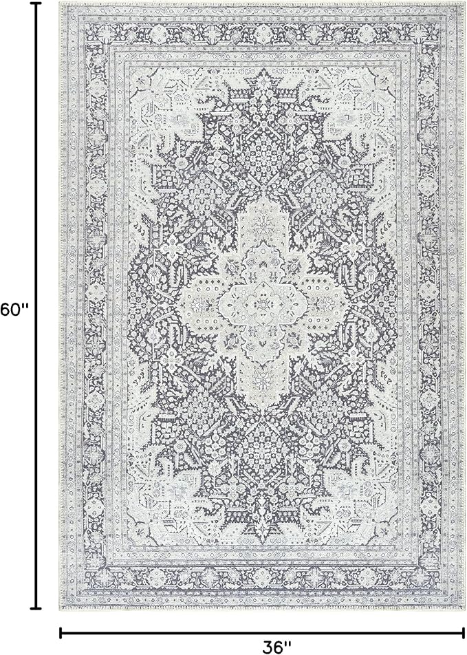 Bloom Rugs Washable Non-Slip 3' x 5' Rug - Charcoal Blue Traditional Medallion Area Rug for Living Room, Bedroom, Dining Room, and Kitchen - Exact Size: 3' x 5'