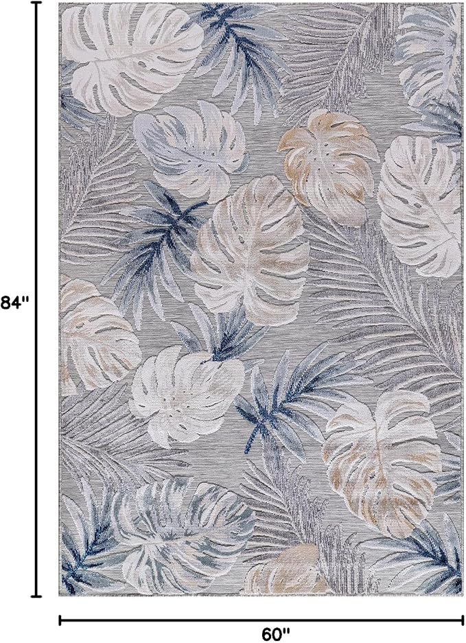 CAMILSON Indoor Outdoor Rug, Blue 5x7 Leaf Tropical Botanical Area Rugs for Indoor and Outdoor patios, Easy-Cleaning Non-Shedding Living Room, Garden and Kitchen Washable Outside Carpet (5 x 7)