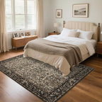 Washable Living Room Rug: 5x7 Boho Floral Soft Area Rug for Bedroom Decor - Vintage Low Pile Thin Carpet for Dining Room Non-Slip - Farmhouse Stain Resistant Rugs - Dark Brown