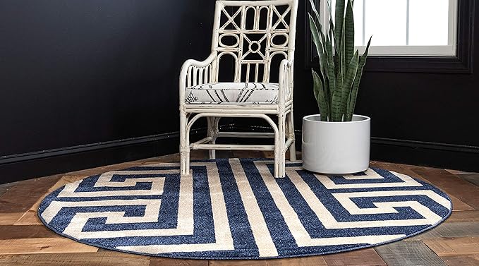 Unique Loom Athens Collection Classic Geometric Modern Border Design Area Rug (6' 0 x 6' 0 Round, Navy Blue/ Beige)
