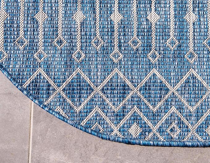 Unique Loom Outdoor Trellis Collection Area Rug - Tribal Trellis (5' 1" Round, Blue/ Ivory)