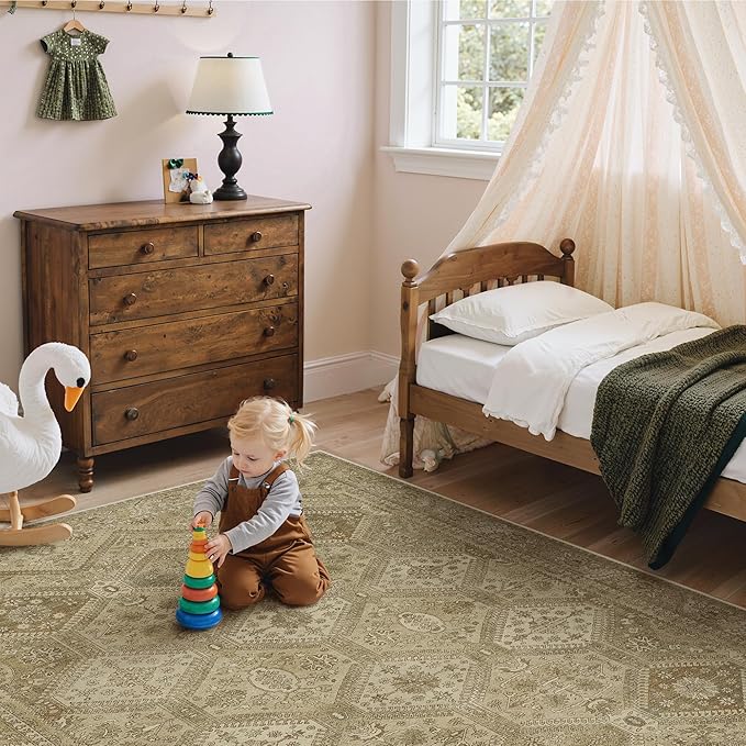 Bavni 6x9 Area Rugs for Living Room, Machine Washable Rug Non Slip, Vintage Chenille Distressed Print Carpet, Large Low Pile Ultra-Thin Lightweight Rugs for Bedroom, Dining Room, Office, Nut Brown