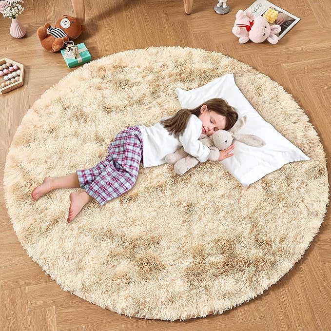 Andency Tie-Dyed Beige Round Area Rug for Living Room, 4x4 Shag Rug for Bedroom, Fluffy Circle Carpet for Home Decor, Room, Fuzzy Plush Circular Rug for Dorm Playroom