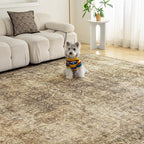 FMFUNCTEX 10x12 Washable Area Rug Brown Vintage Neutral Distressed Large Non Slip Carpet for Living Room Bedroom Soft Low Pile Indoor Mat Retro Floral Throw Rug for Dining Room Kitchen Office Nursery