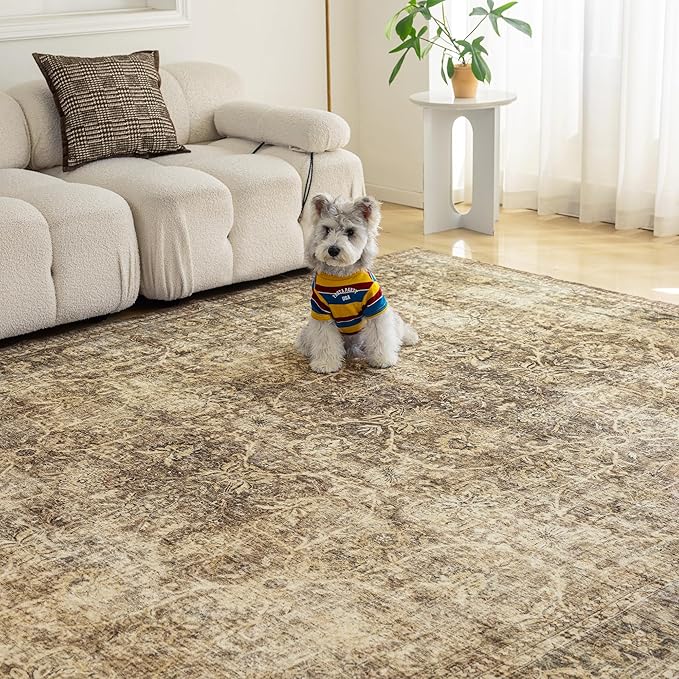 FMFUNCTEX 3x4 Washable Area Rug Brown Vintage Neutral Non Slip Low Pile Traditional Retro Indoor Carpet for Entryway Entrance Soft Floral Throw Rug Living Room Bedroom Kitchen Dining Office Laundry