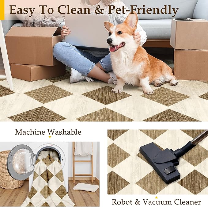 8x10 Checkered Area Rugs for Living Room Brown Machine Washable Large Rug Non-Slip Stain Resistant Low Pile Boho Accent Indoor Throw Carpet for Bedroom Dining Room Home Aesthetic Decor