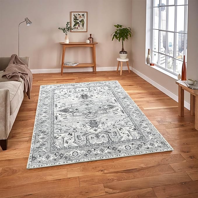 Fame Living Faded Oushak Rug, Turkish Vintage Floral Pastel Large Oversized Area Rugs for Living Room Dining Bedroom Kitchen Bathroom Nursery (848CrNv, 2' x 3')