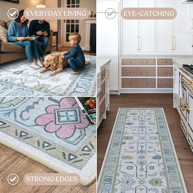 Fame Living Cream Green Oushak Runner Rug, Modern Runners, Turkish, Eclectic, Floral, Pastel, Washable, Long Runner Rugs for Hallway, Kitchen, Living Room, Bedroom, Kitchen, Bathroom, 2'5"x13'
