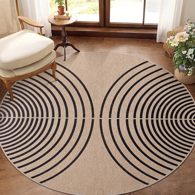 Tangsoo Modern Rainbow Round Rug 4ft Easy Jute Washable Rugs Ultra Thin Black Indoor Outdoor Rug Circle Farmhouse Mat Non Slip Round Carpet for Bedroom Kitchen Entryway Patio