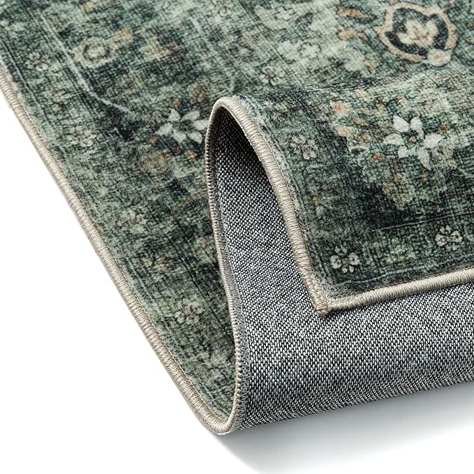 6x9 Washable Area Rug for Living Room Bedroom Green Vintage Distressed Rustic Carpet Non-Slip Low Pile Lightweight Vacuumable Soft Throw Rug for Indoor Dining Room Office