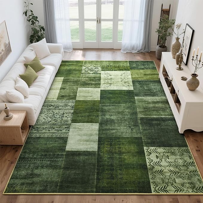Tepook Modern Area Rug for Living Room, 4x6 Geometric Large Rugs for Bedroom, Washable Patchwork Rug Indoor Non-Slip Throw Carpets for Dining Room Office Farmhouse Home Decor, Green