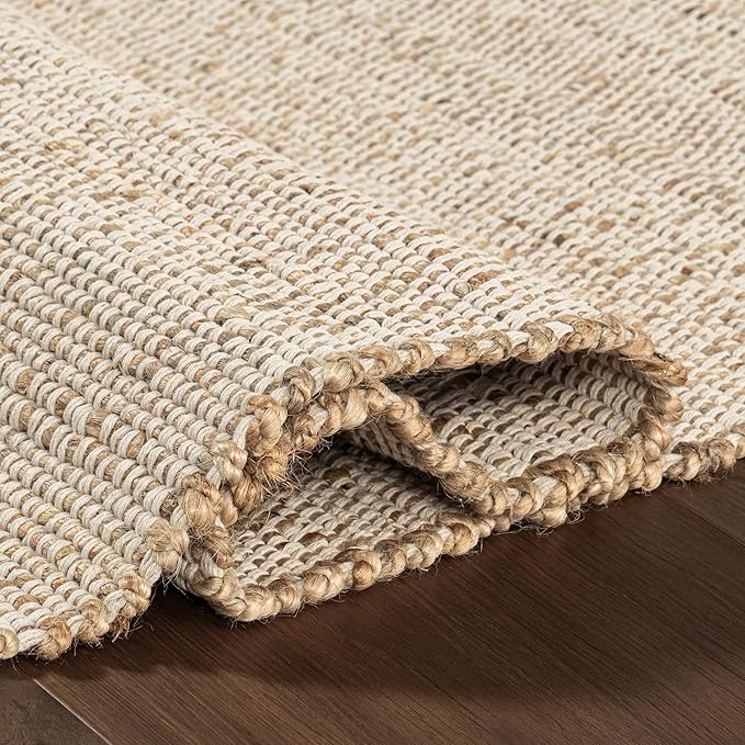 nuLOOM 8 Square Elfriede Jute & Cotton Hand Woven Area Rug, Natural, Solid Rustic Farmhouse Style, Weaved Design, Natural Fiber, For Bedroom, Living Room, Dining Room, Hallway, Office, Entryway