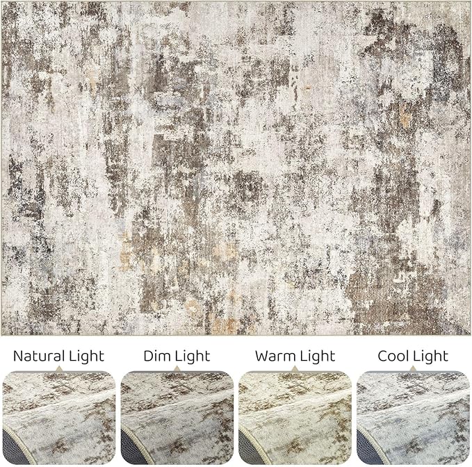 7x9 Area Rug Living Room: Washable Large Abstract Neutral Modern Soft Rugs Stain Resistant Indoor Floor Non-Slip Accent Carpet for Bedroom Nursery Playroom Dining Room Office Dorm Home- Brown Yellow