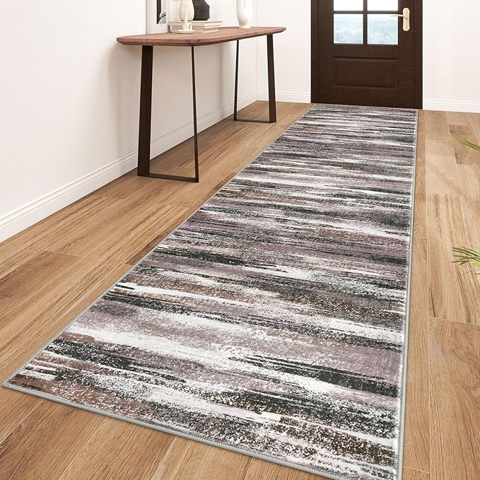 Modern Abstract Runner Rug 3x10, Dark Light Brown White Washable Kitchen Runner Non-Slip Soft Hallway Rug Runner Thin Print Faux Wool Carpet for Entryway Bedroom Laundry Room Indoor