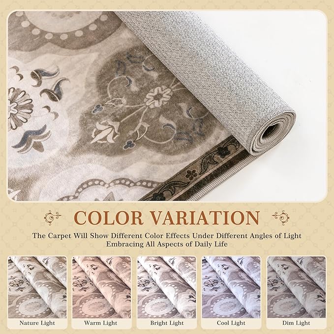 EnHomee 8x10 Area Rug, Soft Washable Rugs for Living Room Bedroom, Boho Non Slip Low Pile Stain Resistant Washable Rug Large Area Rugs for Dining Room,Easy to Clean Living Room Rug, Khaki