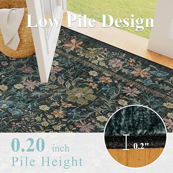 DUKINO 3x5 Area Rug, Vintage Floral Washable Rug for Bedroom with Non Slip Design, Soft Low Pile Indoor Small Carpet for Bedroom, Farmhouse, Living Room, Office, Bathroom, Blue