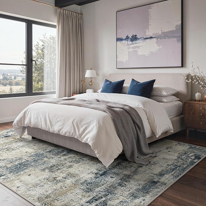 GENIMO Abstract Area Rug 6x9, Washable Large Modern Rug Non Slip, Low Pile Lightweight Soft Carpet for Living Room, Bedroom, Dining Room, Navy Blue