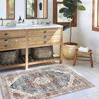 Deerly 3x5 Area Rug with Non-Slip Backing, Washable Rugs for Bedroom Living Room Kitchen, Distressed Carpet Printed Low-Pile Soft Dorm Rug Room Decor(Border Brown/Navy Blue)