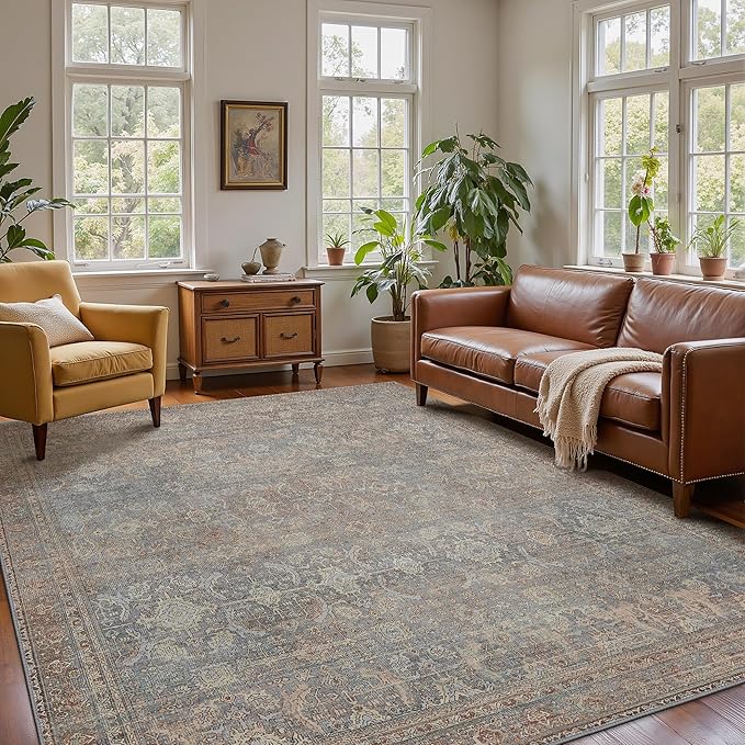 6x9 Area Rug Machine Washable Boho Rug for Living Room,Ultra-Thin Low Pile Carpet,Lightweight Indoor Printed Rug,Non Slip Floral Area Rug for Bedroom, Dining Room, Home Office,Grayish Blue