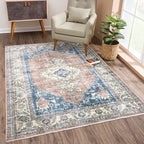 Bloom Rugs Caria Washable Non-Slip 8x10 Rug - Coral Pink/Ocean Blue Traditional Area Rug for Living Room, Bedroom, Dining Room, and Kitchen - Exact Size: 7'8" x 10'
