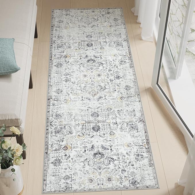 jinchan Kalen Runner Rug 3x8 Washable Area Rug Soft Vintage Indoor Floor Cover Thin Retro Distressed Grey Multi Carpet Floral Print Country Non Slip for Bathroom Kitchen Bedroom Living Room