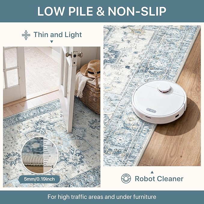 Runner Rug 2'6''x4, Non Slip Vintage Machine Washable Runner Rug, Low Pile Lighrweight Rugs for Entryway, Hallway, Kitchen and Corridor, Blue