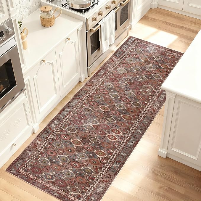 Kuden 2'6"x7' Runner Rug, Machine Washable Area Rug with Non-Slip Backing, Vintage Style, Soft, Easy Clean, Low Pile Rug for Hallway, Entryway, Kitchen, Bedroom
