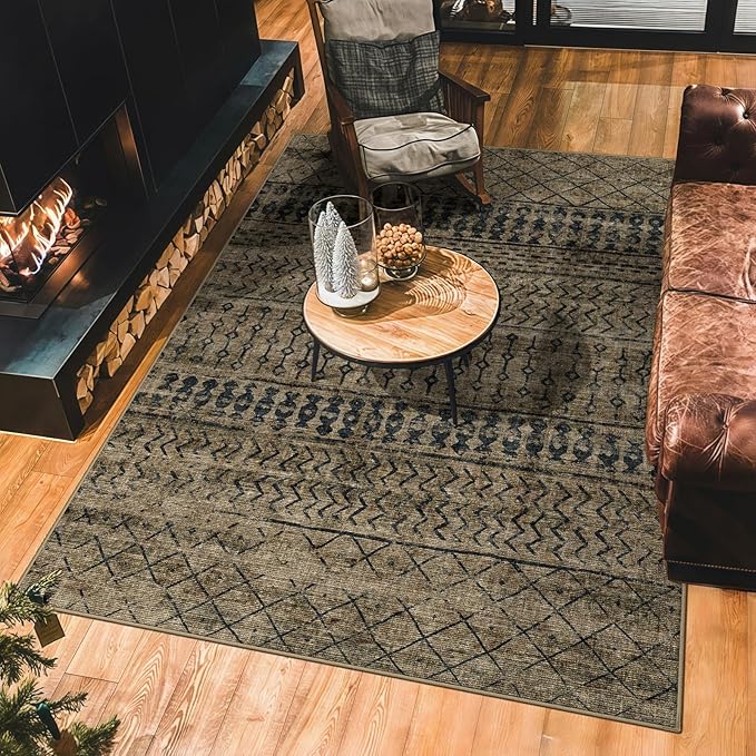 5x7 Machine Washable Area Rug for Living Room, Brown Black Vintage Moroccan Rug Large Non-Slip Low Pile Soft Faux Wool Carpet, Kids and Pets Friendly for Bedroom Dining Room Farmhouse Home Decor Rug