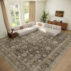 Washable 10x14 Area Rugs for Living Room, Boho Non-Slip Vintage Distress Large Rugs for Bedroom Dining Room Office, 0.3" Neutral Oriental Throw Thin Carpet, Tan/Flaxen/Multi
