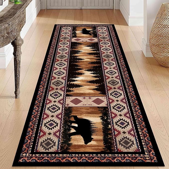 Rustic Cabin Bear Runner Rug, 2.6x10ft, Native American Long Runner Rug, Wildlife Black Bear Forest Hallway Rug, Vintage Brown Non-Slip Washable Southwestern Style Rug for Entry Kitchen