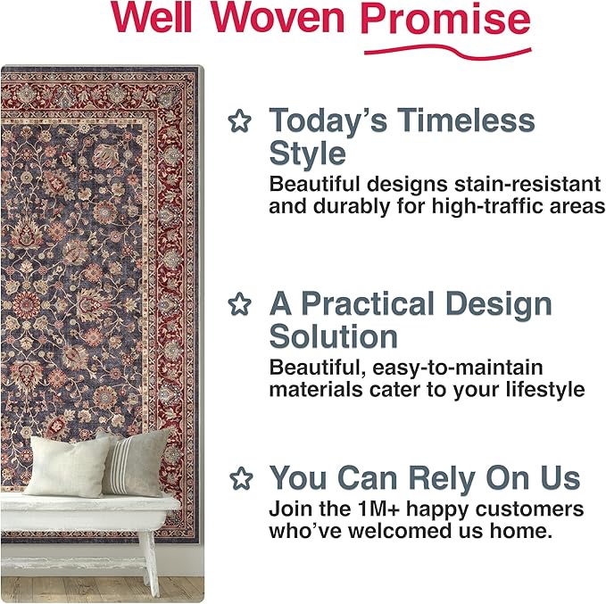 Well Woven Asha Rome Navy Blue Red 6' x 9' Area Rug - Oriental Floral Pattern, Easy Clean, Floor-Friendly Backing - for Living Room, Bedroom, and Dining Room