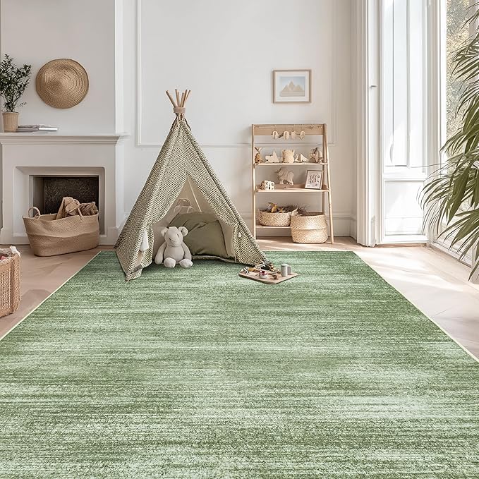 Olive Green 9x12 Area Rug Living Room Minimalist Modern Abstract Style Extra Large Rugs for Office Dining Room Table Loden Green Low Pile Floor Covering Carpet with Non Slip Washable