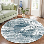 Washable Round Rug 7ft - Blue Tropical Botanical Pattern, Non-Slip Low Pile No Shedding Carpet, Soft Flannel Feel Rug for Living Room, Bedroom, Bathroom，Indoor Use