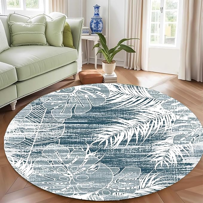 Washable Round Rug 7ft - Blue Tropical Botanical Pattern, Non-Slip Low Pile No Shedding Carpet, Soft Flannel Feel Rug for Living Room, Bedroom, Bathroom，Indoor Use