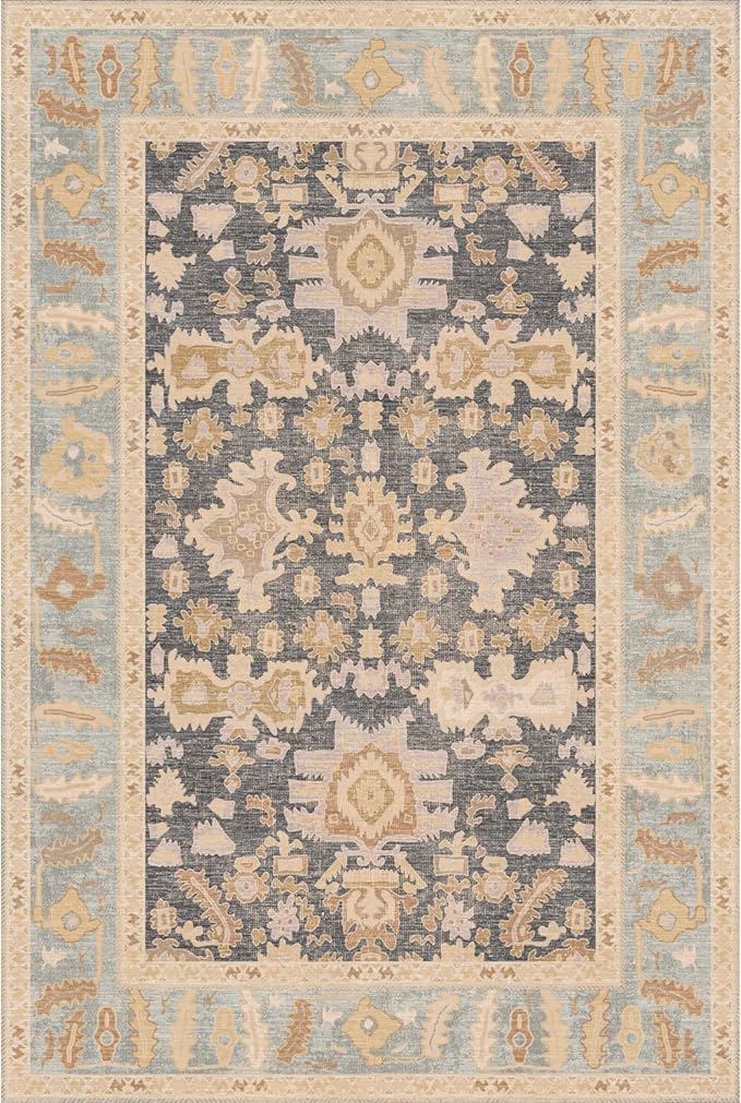 Kuden 5x7 Area Rug, Machine Washable Area Rug with Non-Slip Backing, Vintage Style, Soft, Easy Clean, Low Pile Rug for Living Room, Bedroom, Dining Room