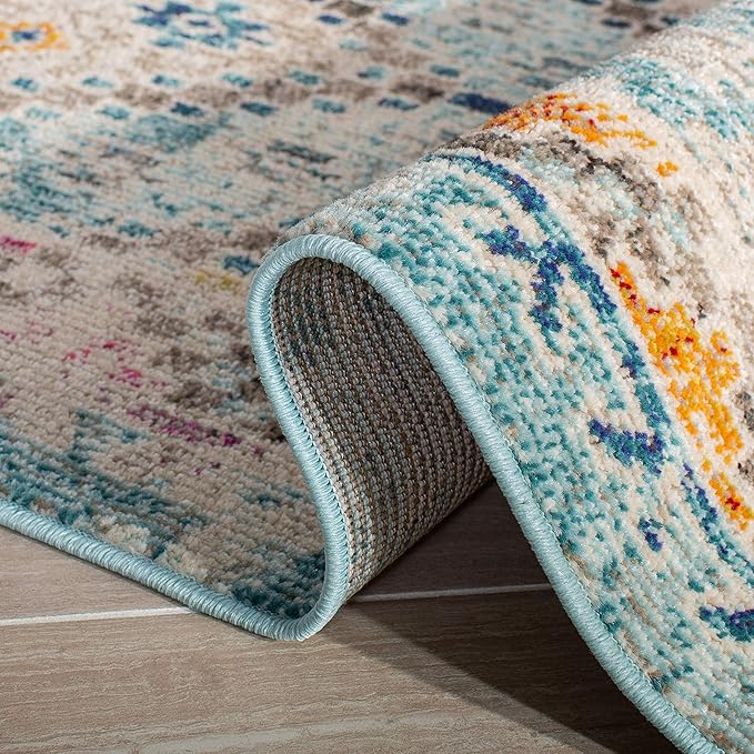 SAFAVIEH Madison Collection X-Large Area Rug - 12' x 15', Blue & Yellow, Boho Diamond Distressed Design, Non-Shedding & Easy Care, Ideal for High Traffic Areas in Living Room, Bedroom (MAD418K)