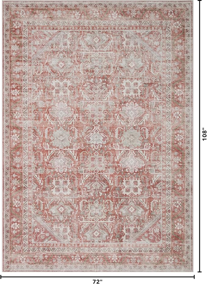 Kuden 6x9 Area Rug, Machine Washable Area Rug with Non-Slip Backing, Vintage Style, Soft, Easy Clean, Low Pile Rug for Living Room, Bedroom, Dining Room