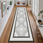 Boho Long Runners Carpet, 2.6x10ft, Modern Geometric Bohemian Print with Greek Key Grey Long Hallway Rug, Low-Profile Non Slip Rubber Backed Flat Rugs for Relax Room Entryways