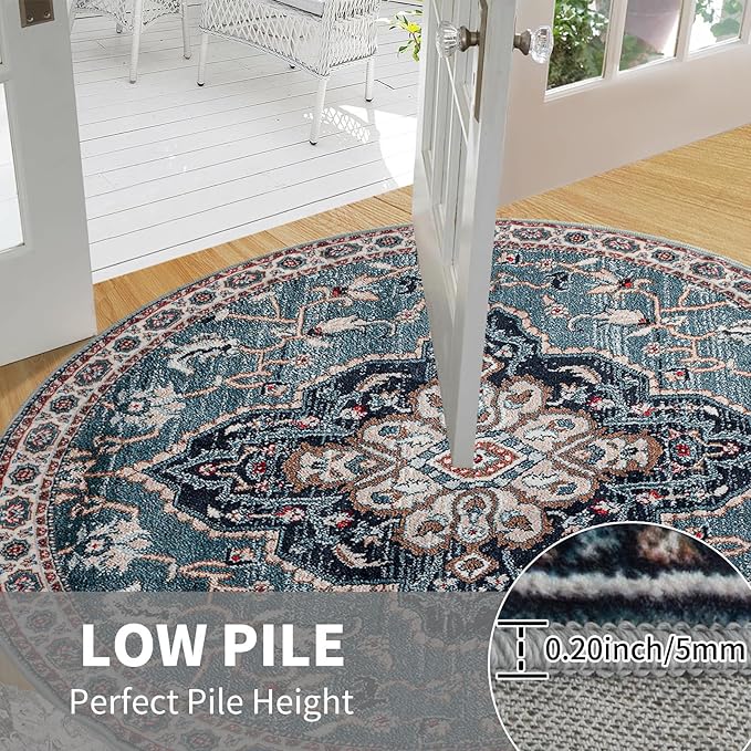 Easy-Going Round Rug 5ft Area Rug Medallion Distressed Washable Circle Rugs for Living Room Non-Slip Bedroom Rug Low Pile Lightweight Vintage Retro Throw Rug for Dining Room Kitchen Office, Teal Brick
