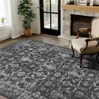 3x5 Washable Area Rugs for Living Room, Vintage Boho Large Rug for Bedroom Dining Room Office, Distressed Floral Print Carpet for Under Table, Soft Non Slip Low Pile Throw Carpet Indoor Mat, Black