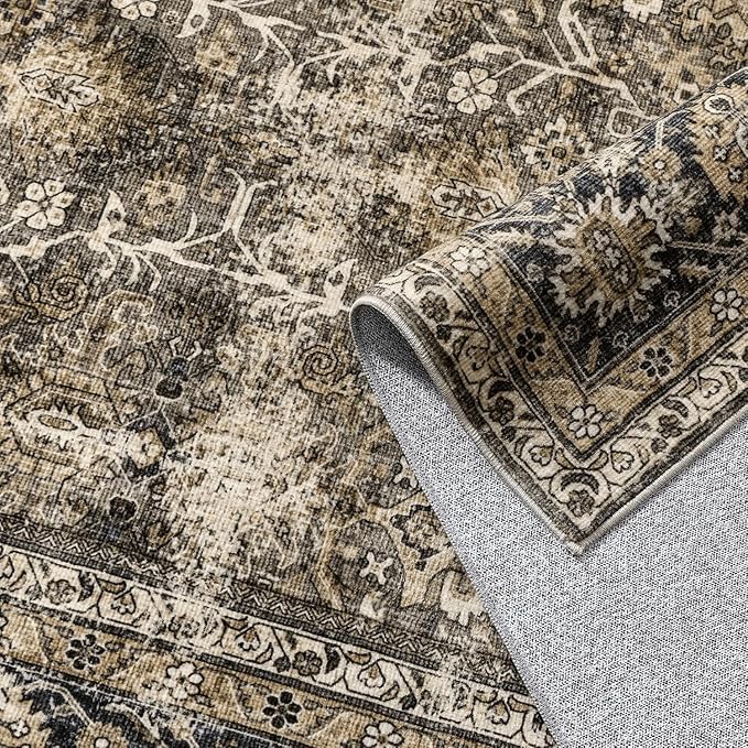 Vintage Area Rug 8x10 Brown Washable Living Room Large Carpet Non Slip Bedroom Indoor Office Low Pile Traditional Distressed Retro Accent Rug for Dining Room