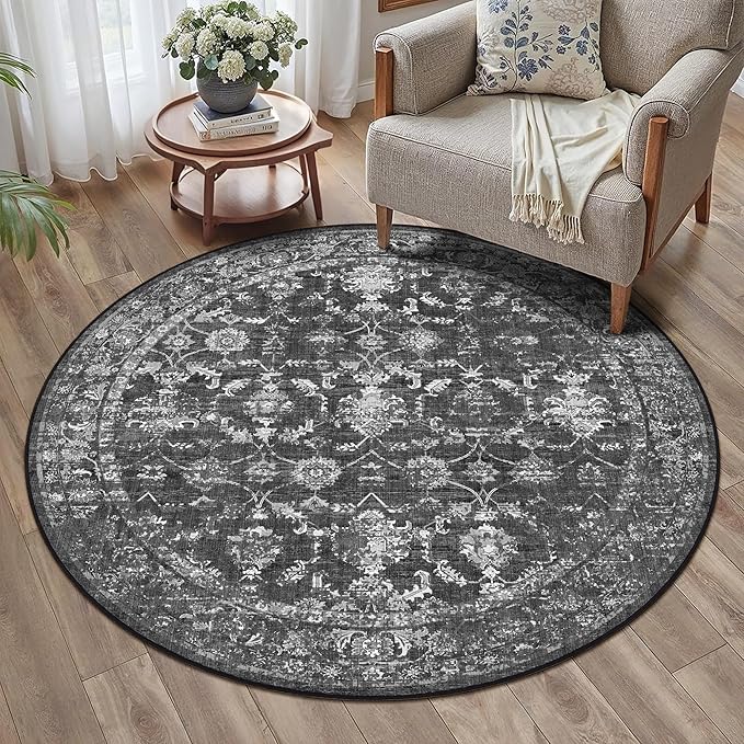 4ft Round Washable Area Rugs for Living Room, Vintage Boho Large Rug for Bedroom Dining Room Office, Distressed Floral Print Carpet for Under Table, Soft Non Slip Low Pile Throw Indoor Mat, Black