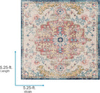 Livabliss Area Rugs - 5x5 Odelia Vintage Boho Aqua Burgandy Blue Square Area Rug for Living Room Bedroom - Floral Medallion Stain Resistant Carpet for Kitchen, Nursery, Office (5'3" Square)