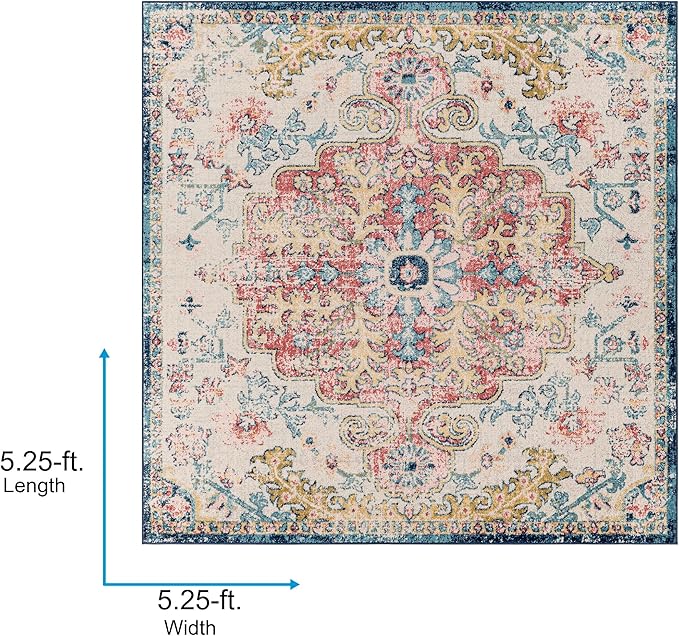 Livabliss Area Rugs - 5x5 Odelia Vintage Boho Aqua Burgandy Blue Square Area Rug for Living Room Bedroom - Floral Medallion Stain Resistant Carpet for Kitchen, Nursery, Office (5'3" Square)