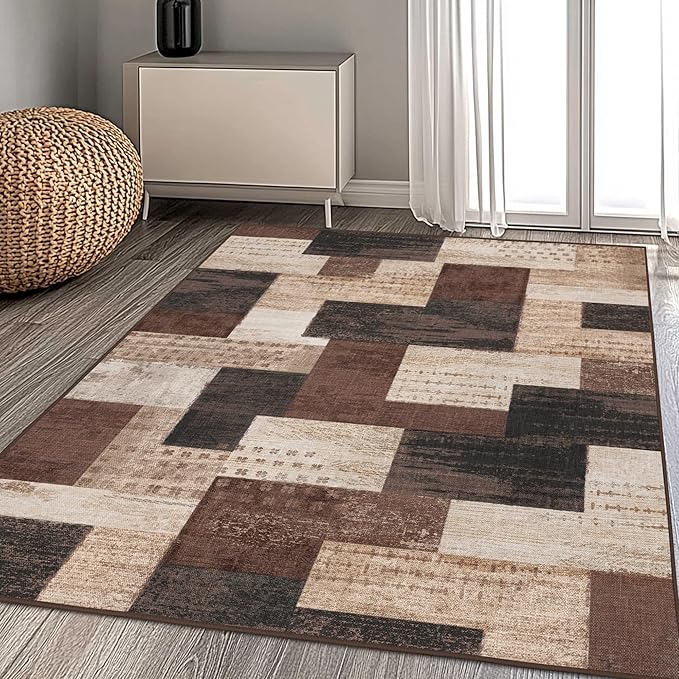 Modern Geometric Patchwork Indoor Area Rug for Living Room, Chocolate 6'x 9' Large Rug Rockwood Collection Hardwood Floors Decor for Bedroom, Brown Throw Carpet for Office Entryway Dining Room