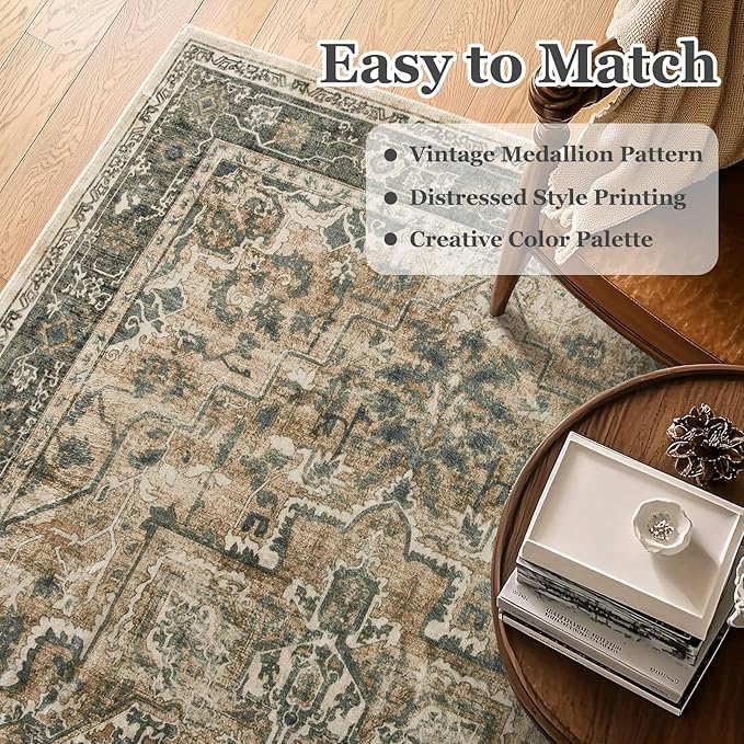 Vintage Distressed 5x7 Area Rugs for Living Room Bedroom Non Slip Washable, Medallion Pattern Printed Low Pile Thin Carpet Rugs for Dining Room/Kitchen/Home Office, Multi Brown/Slate Green