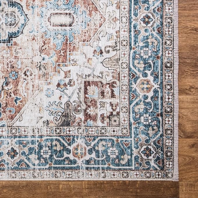 Bloom Rugs Caria Washable Non-Slip 7 ft Runner - Terracotta/Blue Traditional Runner for Entryway, Hallway, Bathroom, and Kitchen - Exact Size: 2'6" x 7'