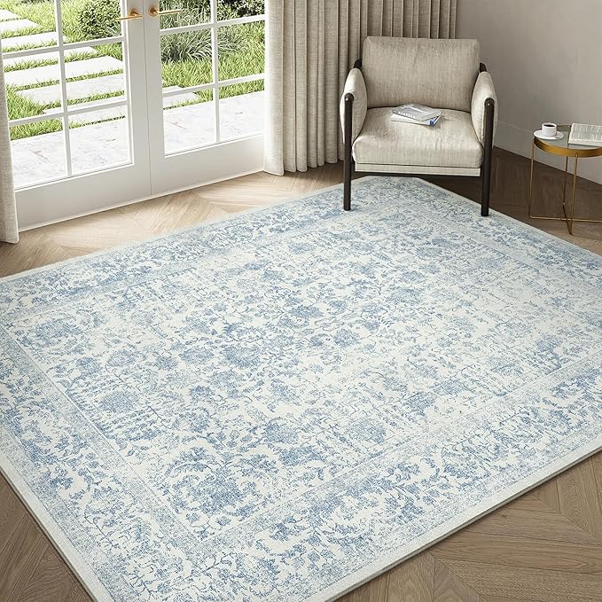Blue Area Rug 4x5 Office Entryway Rug Machine Washable Kitchen Vintage Distressed Non Slip Carpet Indoor Retro Floral Accent Throw Door Mat for Bathroom Bedroom Dining Living Room
